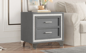 English Elm Mid Century Nightstand Velvet 2-Drawer Bedside Table with Metal Legs, Retro Space-Saving Storage and Durable Finish Gray 23.5 L x 19 W x 17 H N733P183659E