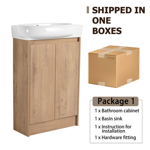 English Elm 23" Freestanding Ceramic Vessel Sink Vanity with Soft Close Cabinet and Wall Rack Imitative Oak W999S00491