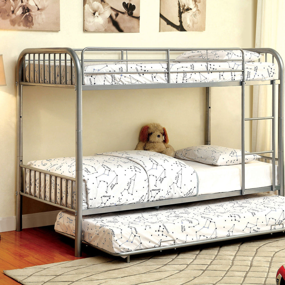 English Elm Silver Twin-Over-Twin Metal Bunk Bed 79"W x 61"H Contemporary Silver Finish Sturdy Rails Ladder Safety B2741P353740