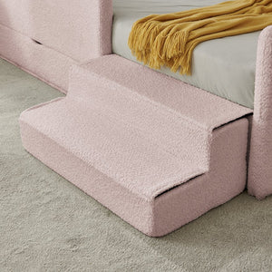 English Elm Twin Boucle Upholstered Kids Bed with Guardrails Built in Storage and Cushioned Step Stool Pink W1413P433365