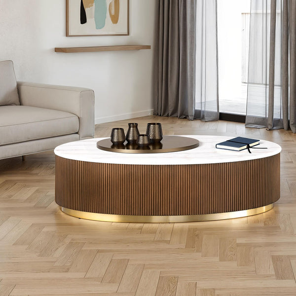 English Elm Brown Oval Marble Top Cocktail Table with Reeded Plinth Base and Gold Steel Accents B2741P476069