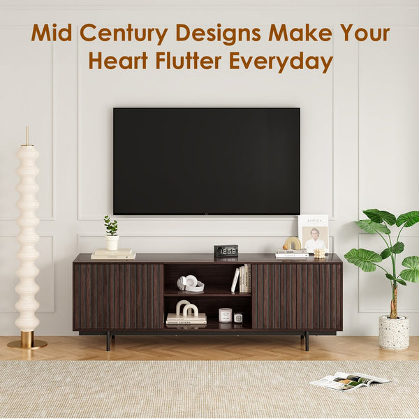 English Elm Modern Low Profile Media Console with Open Shelving and Concealed Cabinet Storage Dark Walnut T3623P434862