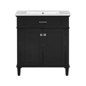 English Elm 30-inch bathroom vanity with ceramic basin, solid wood frame, soft-close doors and adjustable shelves for organized style and lasting durability Black N729P173380B