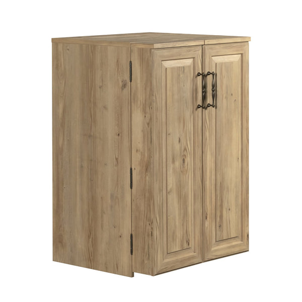 English Elm Craft Station with Drop-Leaf Extension, Brown Khaki Pine Finish — Compact Crafting Workstation w/ Storage B356P402737