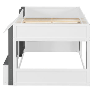 English Elm Twin House Loft Bed with Pull Out Rolling Desk Stair Drawers and Cabinet Storage White+Gray N820S00074E