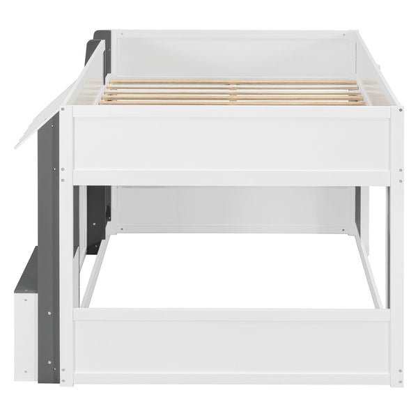 English Elm Twin House Loft Bed with Pull Out Rolling Desk Stair Drawers and Cabinet Storage White+Gray N820S00074E