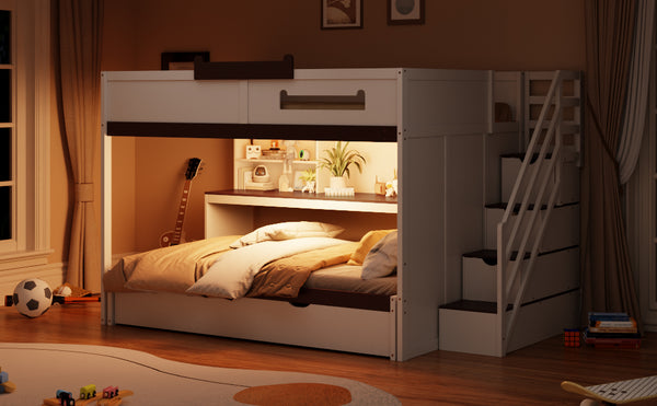 English Elm House-shaped Pine Bunk Bed with Built-in Slide Storage Staircase Twin Over Full Kids Frame White N820S00067K