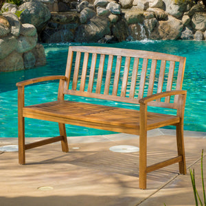 English Elm Christopher Knight Home® - LOJA Bench - Acacia Wood Outdoor Bench with Ergonomic Curved Backrest, Durable Stable Construction Teak 57495.00ACA