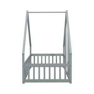 English Elm Twin Wood House-Shaped Floor Bed with Fence and Guardrails – Playful Pine Frame for Imaginative Kids Retreat Grey W504P143289