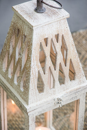 English Elm Set of 2 French Country Fir Wood Lanterns with Carved Lattice Tops Weathered White Finish W2078P495672