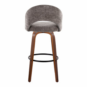English Elm Fixed-height Mid-century Barstools with Walnut Legs and Grey Upholstered Seats Set B202S01932