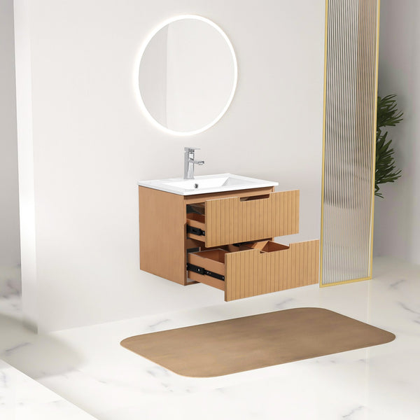 English Elm 24 Inch Floating Bathroom Vanity With Ceramic Sink - Modern Wall-Mounted Storage Cabinet In Light Brown W1550S00034