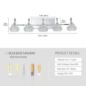 English Elm 29" Nickel Vintage Crystal Vanity Light - 5-Light G9 Wall Fixture, Clear Glass Shades, Elegant Bath W2312P374822