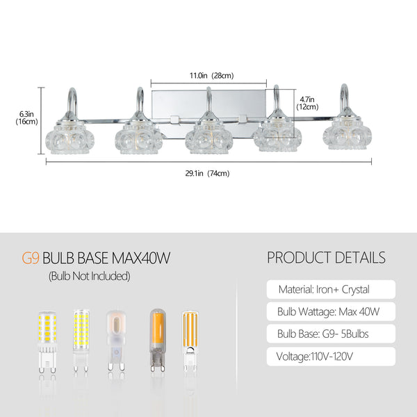 English Elm 29" Nickel Vintage Crystal Vanity Light - 5-Light G9 Wall Fixture, Clear Glass Shades, Elegant Bath W2312P374822