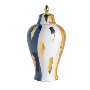 English Elm 9.8x9.8x19.1" Tall Ceramic Ginger Jar with Blue White Gold Abstract Glaze W2078P445035