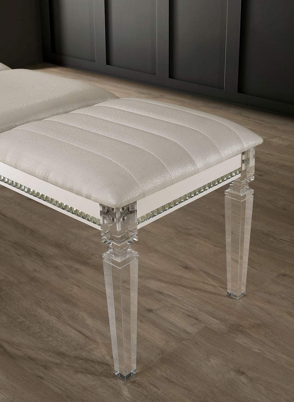 English Elm Acrylic Crystal-Trim Bench with Plush Upholstered Seat in Pearl White — Modern Luxury Seating Accent B016P355928