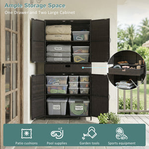 English Elm K&k Tall Arched Pe Rattan Outdoor Storage Cabinet with Adjustable Shelves and Steel Frame Brown+Black N707P420102D