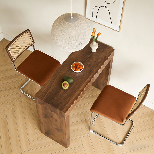English Elm 2-piece Velvet Stool and Walnut Bar Table Set with Storage for Cafe Style Dining W2920S00104