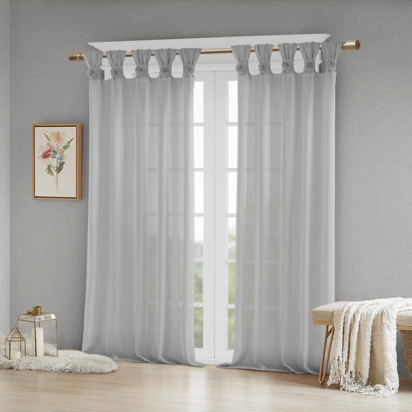 English Elm Floral Tab-Top Curtain Panel In Soft Grey - Semi-Sheer Faux Linen With Decorative Rosette Pins B03598200
