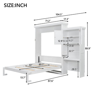 English Elm Queen Size Murphy Bed With Stylish Louvered Design, Multi-Storage Shelves, And Elegant White Finish N7090004018K-GIGA