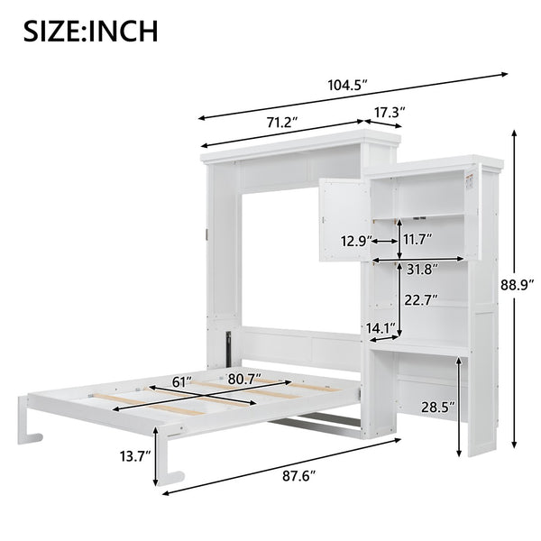 English Elm Queen Size Murphy Bed With Stylish Louvered Design, Multi-Storage Shelves, And Elegant White Finish N7090004018K-GIGA