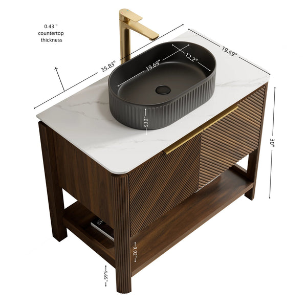 English Elm Dina Floating Bathroom Vanity Sintered Stone Top Glass Basin Striped Plywood Cabinet W2615S00722