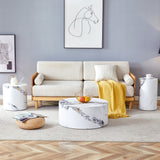 English Elm Modern Minimalist Set Of Three Cylinder Marble-Patterned Mdf Coffee Tables.The Cylindrical Table With Its Patterned Design Can Be Easily Integrated Into A Variety Of Interior Styles.