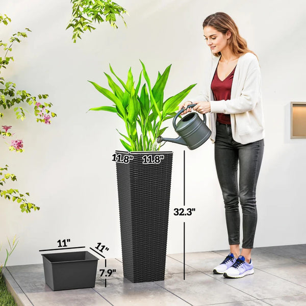 English Elm Flower Column Planters Set of 2 Tall Rattan Look Uv Resistant Outdoor Patio Pots T3971P467418