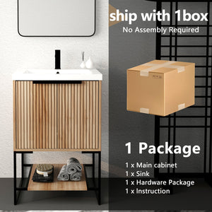 English Elm 24 Inch Freestanding Bathroom Vanity with Resin Basin, Soft-Close Doors, Open Shelf Storage, Modern Design W999P181590