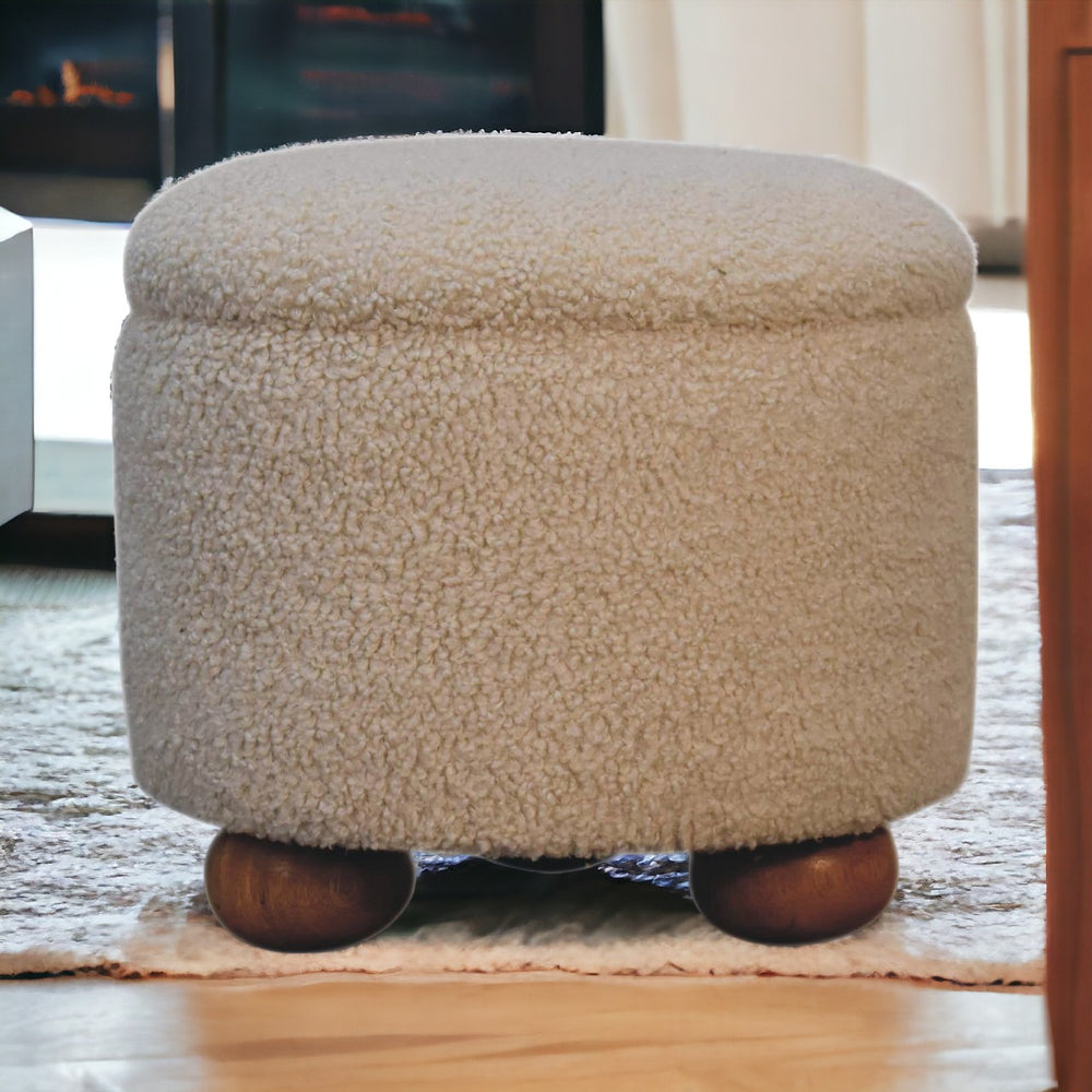 English Elm Soild Cream Boucle Storage Footstool with Solid Wood Ball Feet, Plush Rounded Ottoman, Hidden Interior Storage (Cream) B182P186256