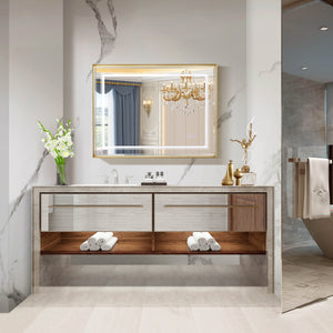 English Elm 40*30inch LED Bathroom Mirror with Beveled Edge, Front & Backlit 3-Color Dimmable IP54 Anti-Fog Gold W2091P214095