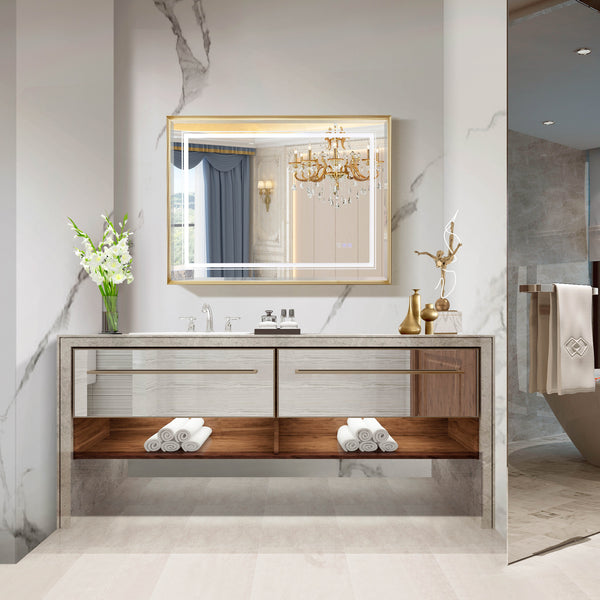English Elm 40*30inch LED Bathroom Mirror with Beveled Edge, Front & Backlit 3-Color Dimmable IP54 Anti-Fog Gold W2091P214095