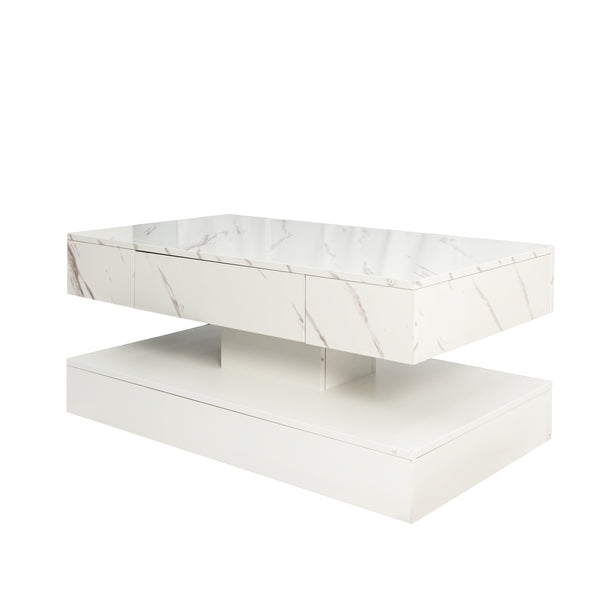 English Elm 16.93IN LED Coffee Table with Remote RGB Lighting, Spacious Drawer, Melamine Finish, Modern Elegance White,White Marble W331P269983