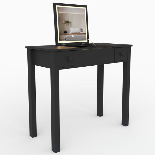 English Elm Multifunctional Vanity Desk with Flip-Top Mirror, 3-Level LED Lighting, Ample Storage for Small Spaces Black W760P152315