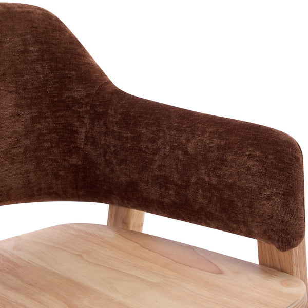 English Elm Upholstered Arm Dining Chairs Brown Fabric Rubberwood Frame Farmhouse Set of 2 N768P391167B