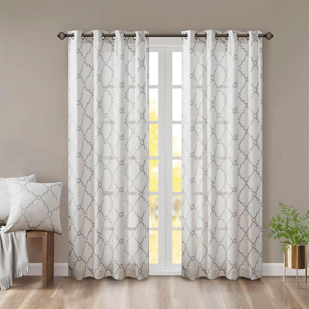 JLA Home Madison Park - Fretwork Metallic Silver Fretwork Print Curtain Panel, Ivory Cotton-Blend Grommet Top, Light-Filtering Elegance MP40-2396