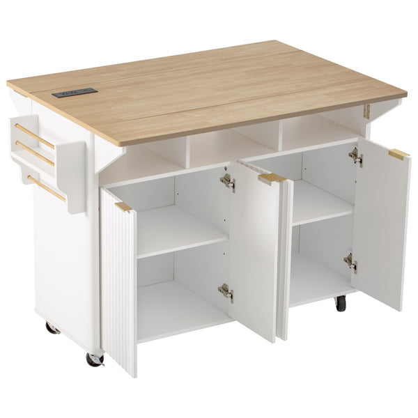 English Elm K&k Fluted Rolling Kitchen Island Faux Marble Top Power Outlet Storage Drawers White N707P353934W