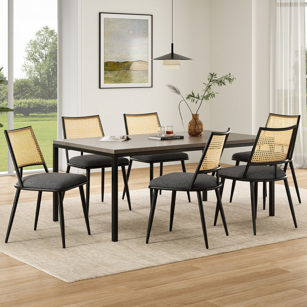 English Elm Dining Chairs Mid-Century Modern Rattan Backrest Bouclé Upholstered Metal Frame Comfortable Design DARK GREY T3623P379930