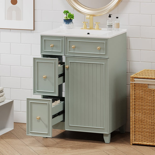 English Elm 24-Inch Bathroom Vanity Cabinet with Ceramic Sink, Space-Saving Storage, Solid Wood Feet, Durable Finish Green WF532034AAF
