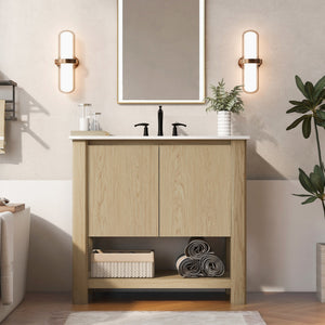 English Elm Christopher Knight Home® - 36" Modern Wall-Mounted Bathroom Vanity with Ceramic Sink, Soft-Close Doors, Fluted Accent & Open Shelves Antique Natural N817P245321N