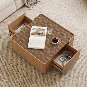 English Elm 31.5-inch Square Walnut Coffee Table Tempered Glass Top with Hidden Storage Drawers W2263P458486