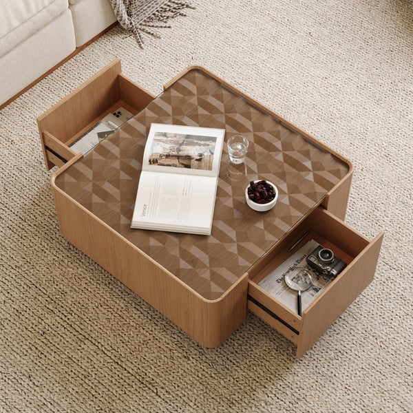 English Elm 31.5-inch Square Walnut Coffee Table Tempered Glass Top with Hidden Storage Drawers W2263P458486
