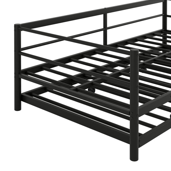 English Elm Twin Metal Daybed with LED Lighting and Adjustable Pop-Up Trundle, Industrial Steel Frame, Heavy-Duty Support Black N750P244915B