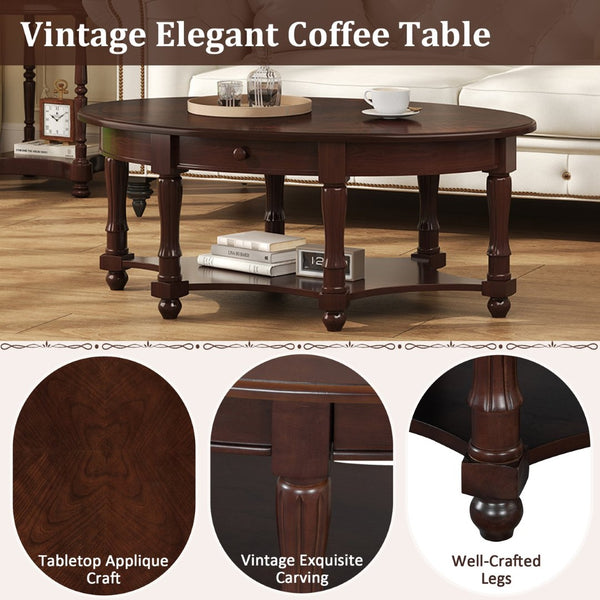 English Elm Vintage Oval Coffee Table With Drawer And Open Shelves, French Country Style Accent Table In Walnut N735P277388D-GIGA