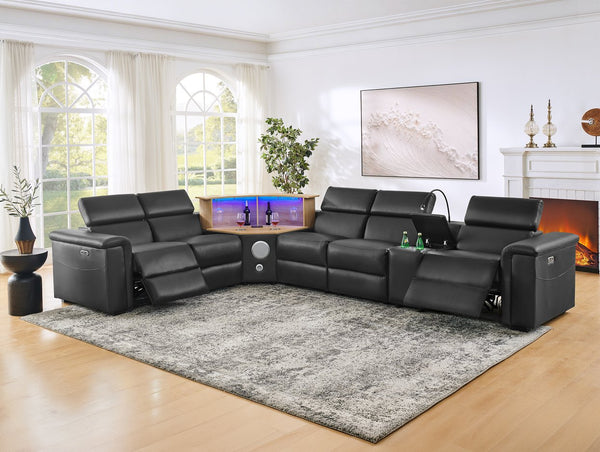 English Elm 5-seater Air Leather Power Reclining Sectional with Led Bluetooth Subwoofer and Lift Cabinet Black W1191S00121