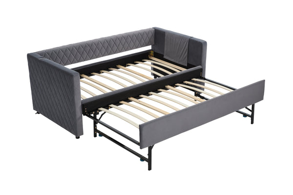 English Elm Grey velvet daybed with diamond-grid pull-out trundle, modern velvet finish, sturdy wooden frame for guest-ready style W1361S00032