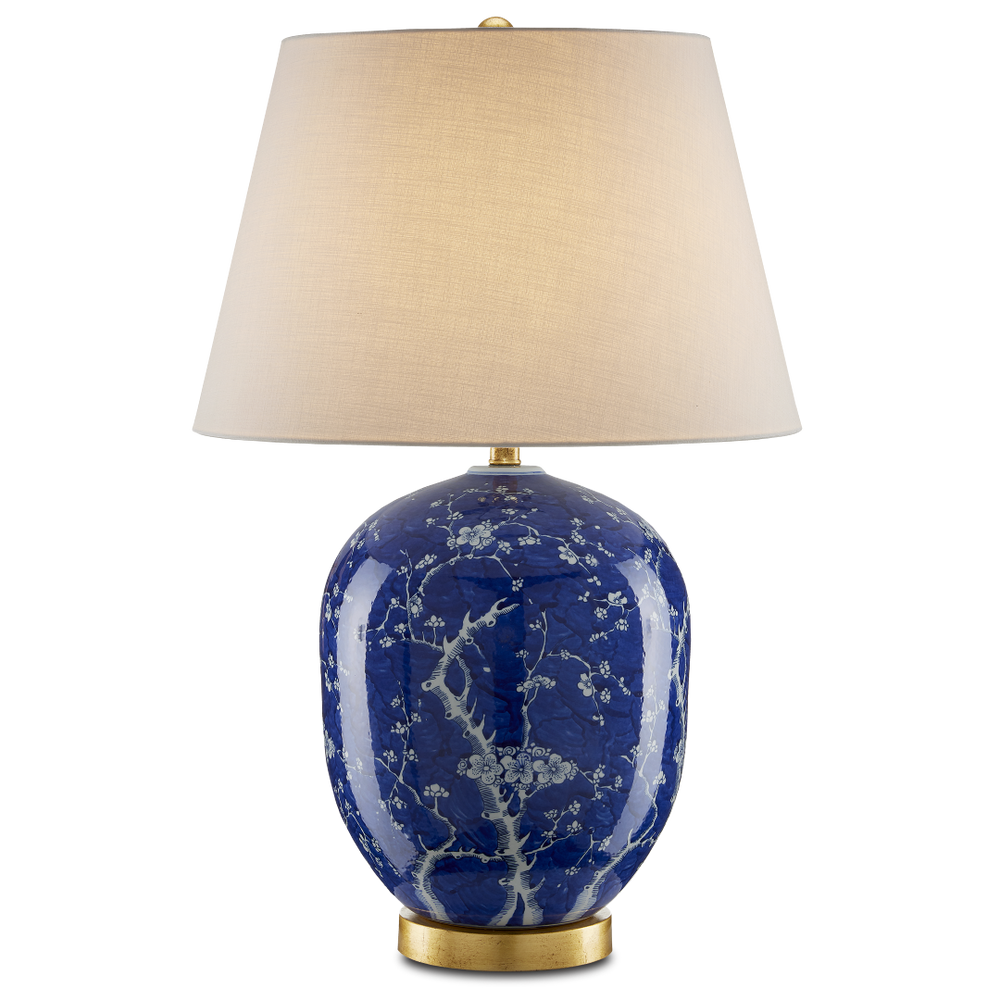 Sakura Elegant Blue and White Table Lamp with Gold Leaf Base - Traditional Cherry Blossom Design