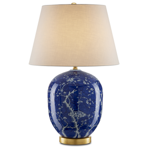 Sakura Elegant Blue and White Table Lamp with Gold Leaf Base - Traditional Cherry Blossom Design