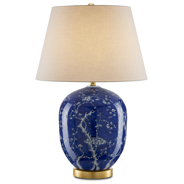 Sakura Elegant Blue and White Table Lamp with Gold Leaf Base - Traditional Cherry Blossom Design