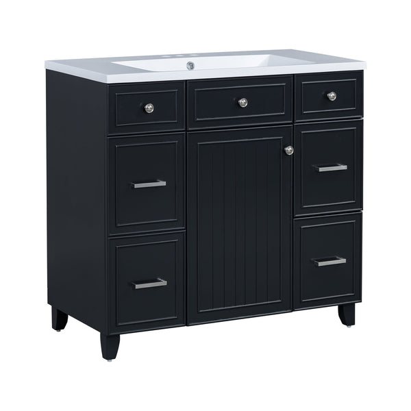English Elm 36" Matte Black Shaker Vanity with Resin Sink Solid Wood 3 Drawer Soft Close SV000003AAB